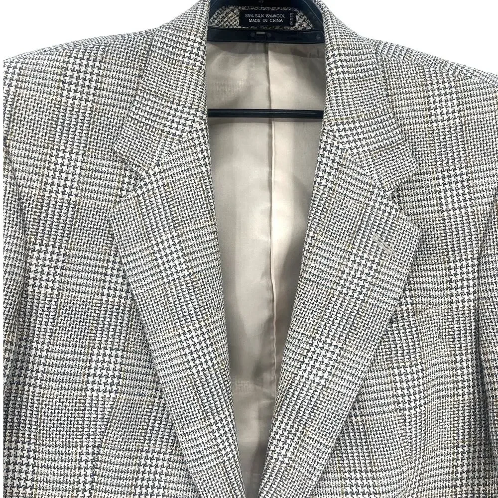 Vintage Y2K 7 Collection Glen Plaid 2 Button Mens Blazer Sz 40R Preppy Silk Wool
